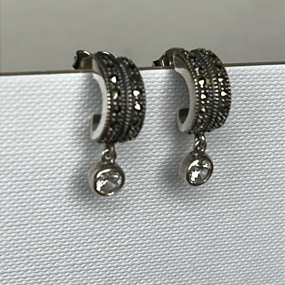 Judith Jack Sterling Silver Crystal Marcasite Huggie Style Hoop Earrings - Picture 2 of 11